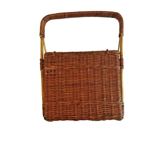Vintage Coated Wicker Hinged Lidded Basket Stationary Handle Rectangle Storage - Picture 6 of 15